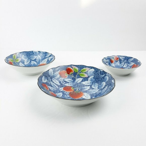 Andrea By Sadek Vintage Blue Floral Leaf & Strawberry Design Bowls Set Of 3 - Picture 2 of 12
